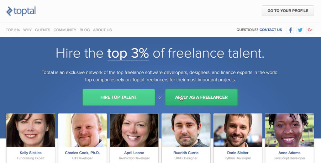 Toptal platform for elite freelancing websites to find clients.